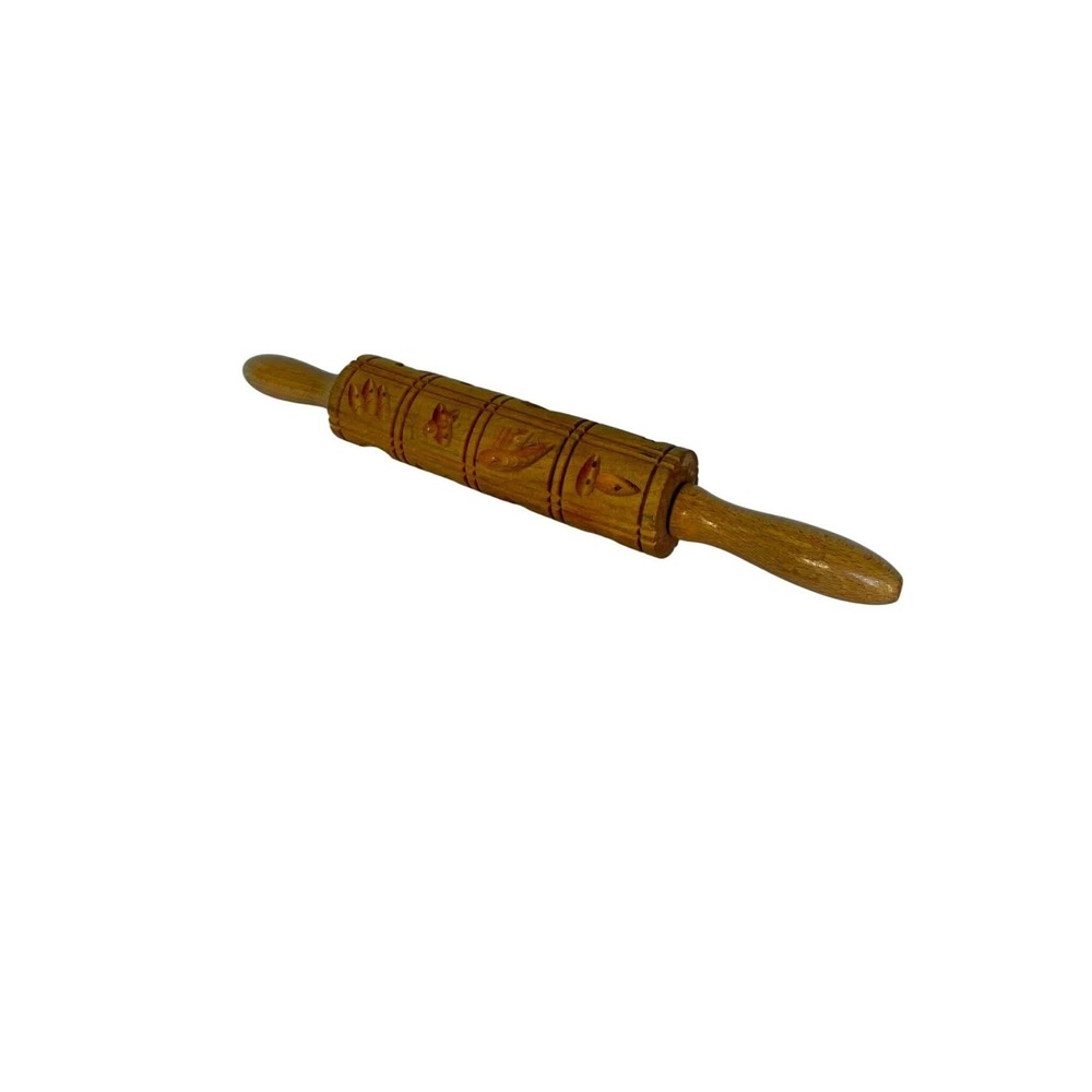 Vintage Springerle Rolling Pin 14.25" Carved Wood Cookie Mold Brown Baking Tool